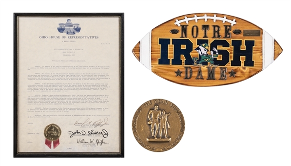 Lot of (3) Lou Holtz Personal Items Including 1988 Coach of the Year Medallion & Ohio House of Representatives Special Recognition Presented to Lou Holtz (Holtz LOA)